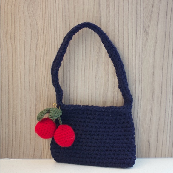 Handbags - Small Blue Crochet Handmade Purse with Cherry Charm